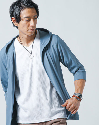 接触冷感スーパーストレッチ７分袖パーカー×ランダムテレコ半袖VネックTシャツ　2枚セット