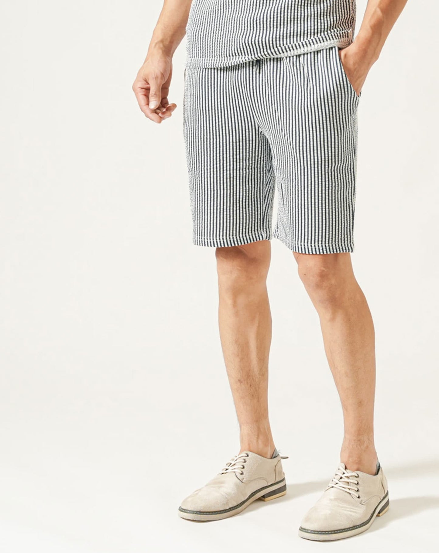 夏服セットアップ フクレストライプ襟ワイヤー入りスキッパー半袖ポロシャツ×ハーフパンツ