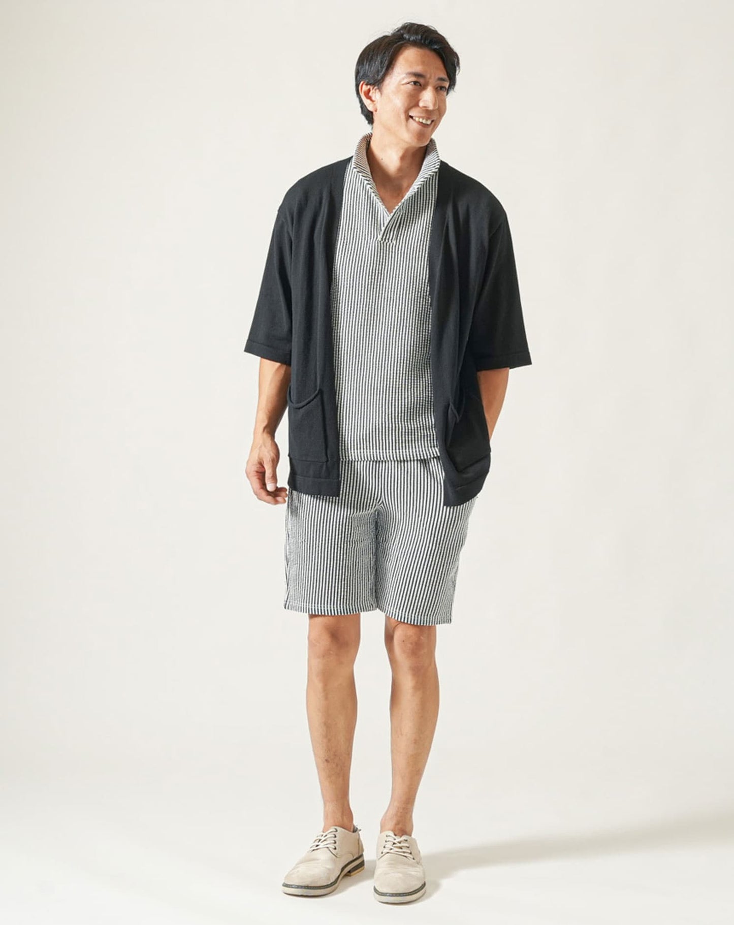 夏服セットアップ フクレストライプ襟ワイヤー入りスキッパー半袖ポロシャツ×ハーフパンツ