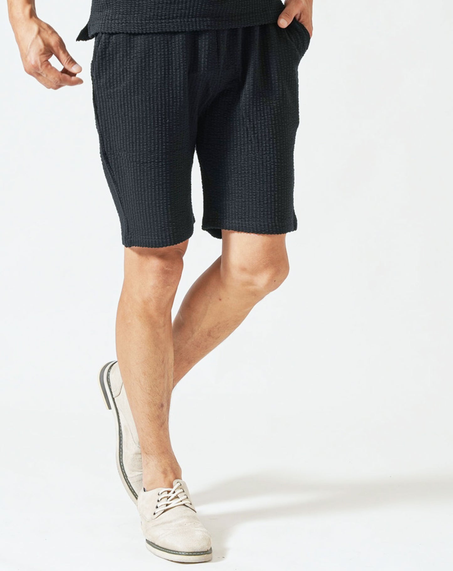 夏服セットアップ フクレストライプ襟ワイヤー入りスキッパー半袖ポロシャツ×ハーフパンツ