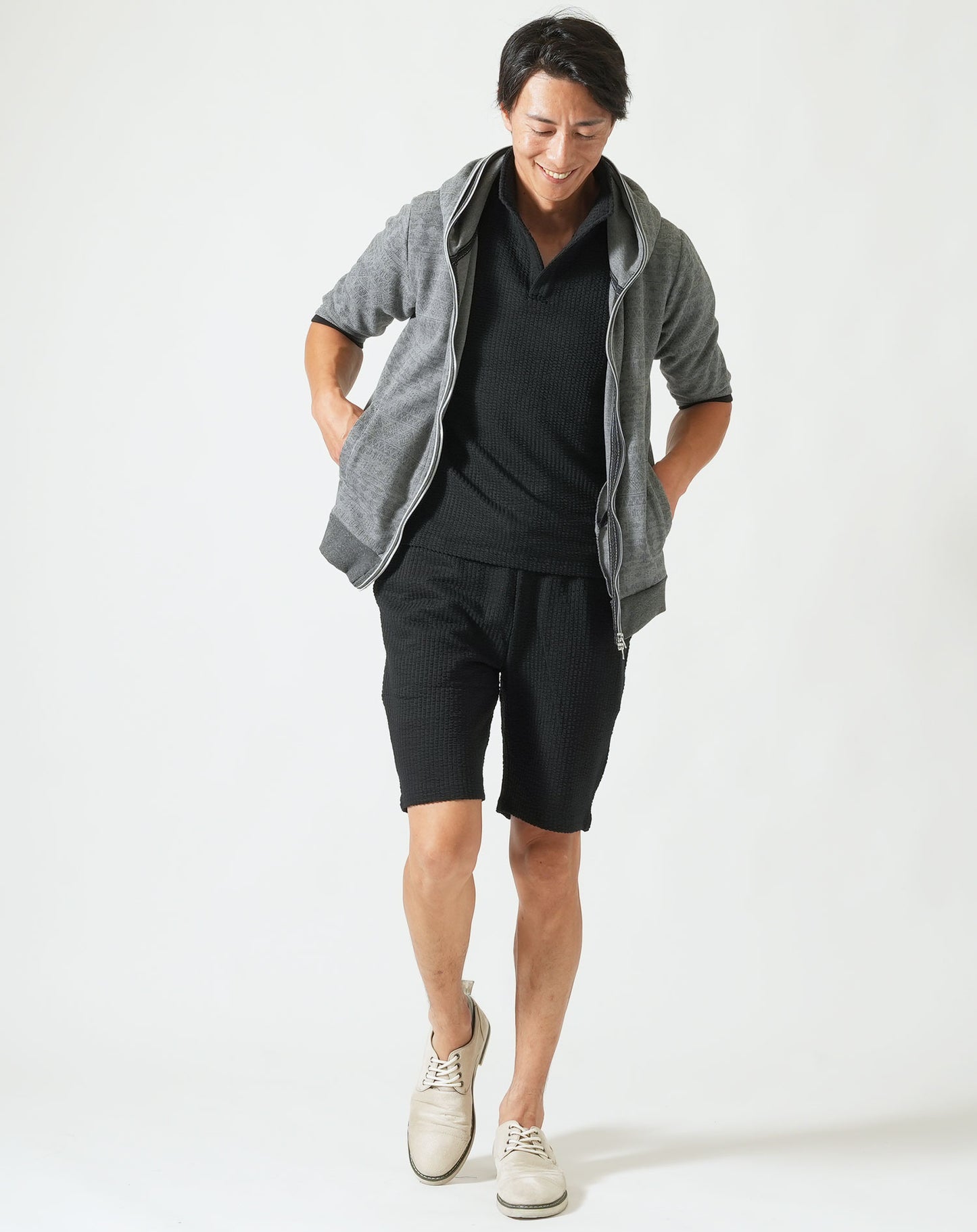 夏服セットアップ フクレストライプ襟ワイヤー入りスキッパー半袖ポロシャツ×ハーフパンツ