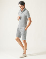 夏服セットアップ フクレストライプ襟ワイヤー入りスキッパー半袖ポロシャツ×ハーフパンツ