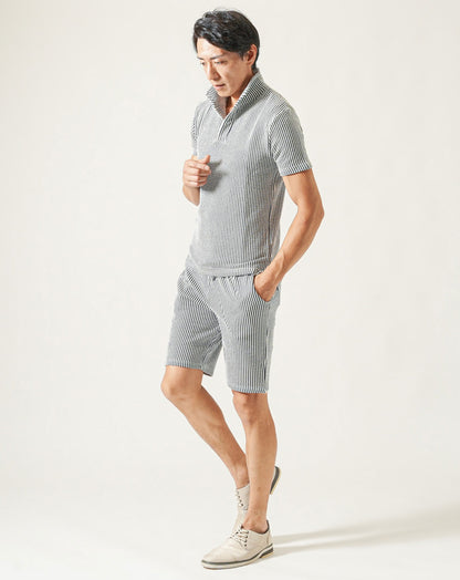 夏服セットアップ フクレストライプ襟ワイヤー入りスキッパー半袖ポロシャツ×ハーフパンツ