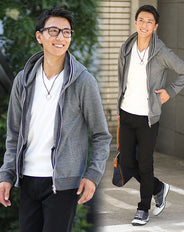 メンズ3点秋コーデセット グレー長袖パーカー×白長袖Tシャツ×黒スリムチノパンツ