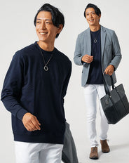 メンズ3点コーデセット　グレー長袖テーラードジャケット×ネイビー長袖Tシャツ×白スリムチノパンツ