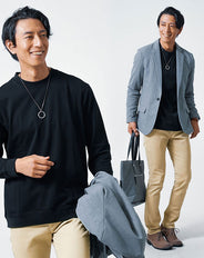 メンズ3点秋コーデセット グレー長袖テーラードジャケット×黒長袖Tシャツ×ベージュスリムチノパンツ