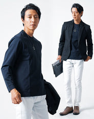 メンズ3点コーデセット 黒長袖テーラードジャケット×ネイビー長袖Tシャツ×白スリムチノパンツ