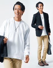 メンズ3点秋コーデセット 黒長袖テーラードジャケット×白長袖Tシャツ×ベージュスリムチノパンツ