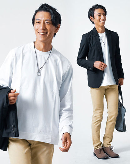 メンズ3点秋コーデセット　黒長袖テーラードジャケット×白長袖Tシャツ×ベージュスリムチノパンツ