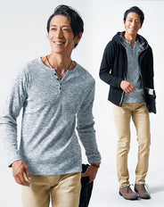 メンズ3点秋コーデセット 黒長袖パーカー×黒長袖Tシャツ×ベージュスリムチノパンツ