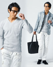 メンズ3点秋コーデセット ブリーチ長袖デニムジャケット×グレー長袖Tシャツ×白スリムチノパンツ