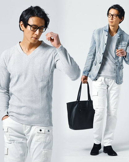 メンズ3点秋コーデセット　ブリーチ長袖デニムジャケット×グレー長袖Tシャツ×白スリムチノパンツ
