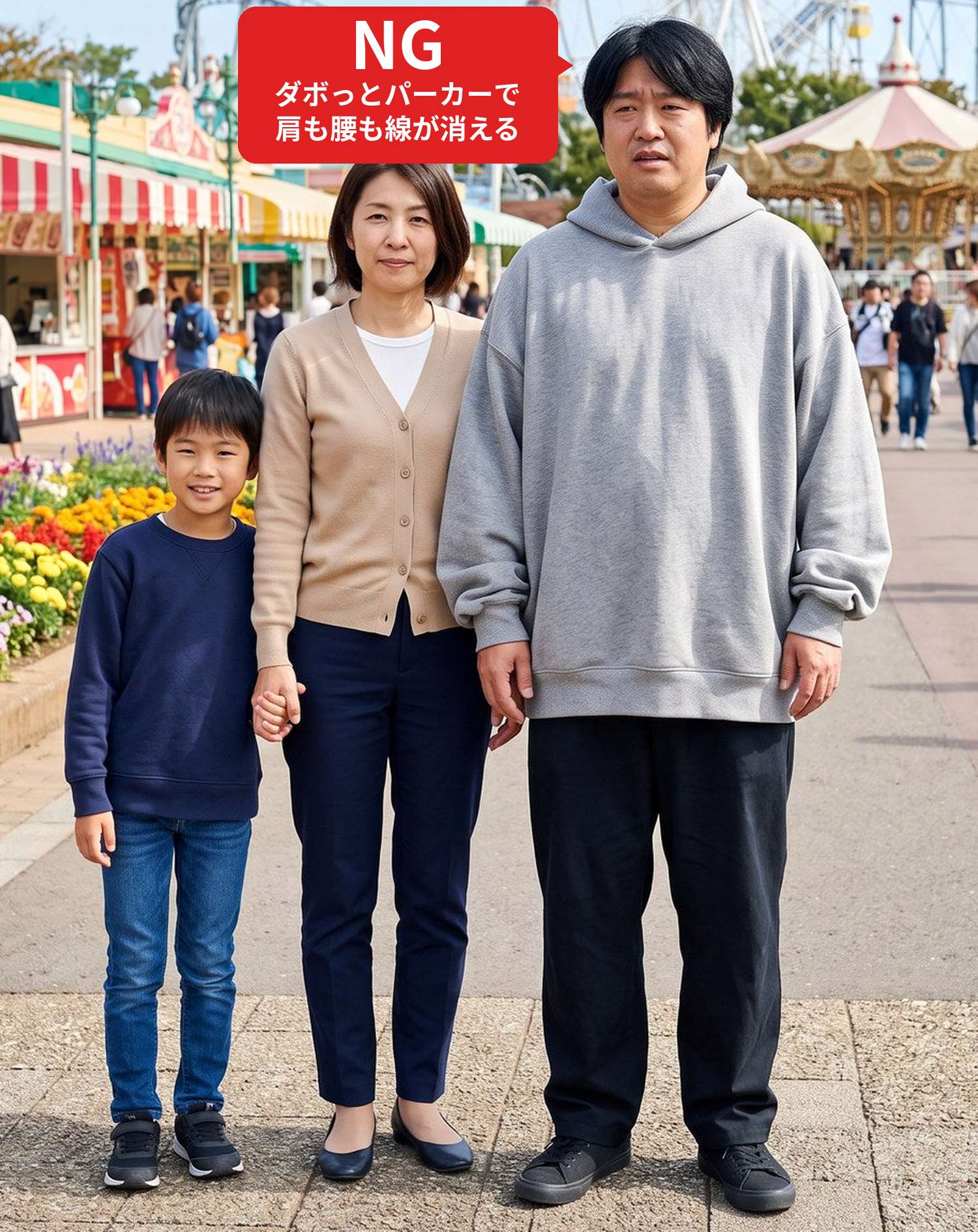 NGコーデ・よくある失敗例　ダボっとしたパーカーで家族と遊園地に行った状態（NGマーク付き）
