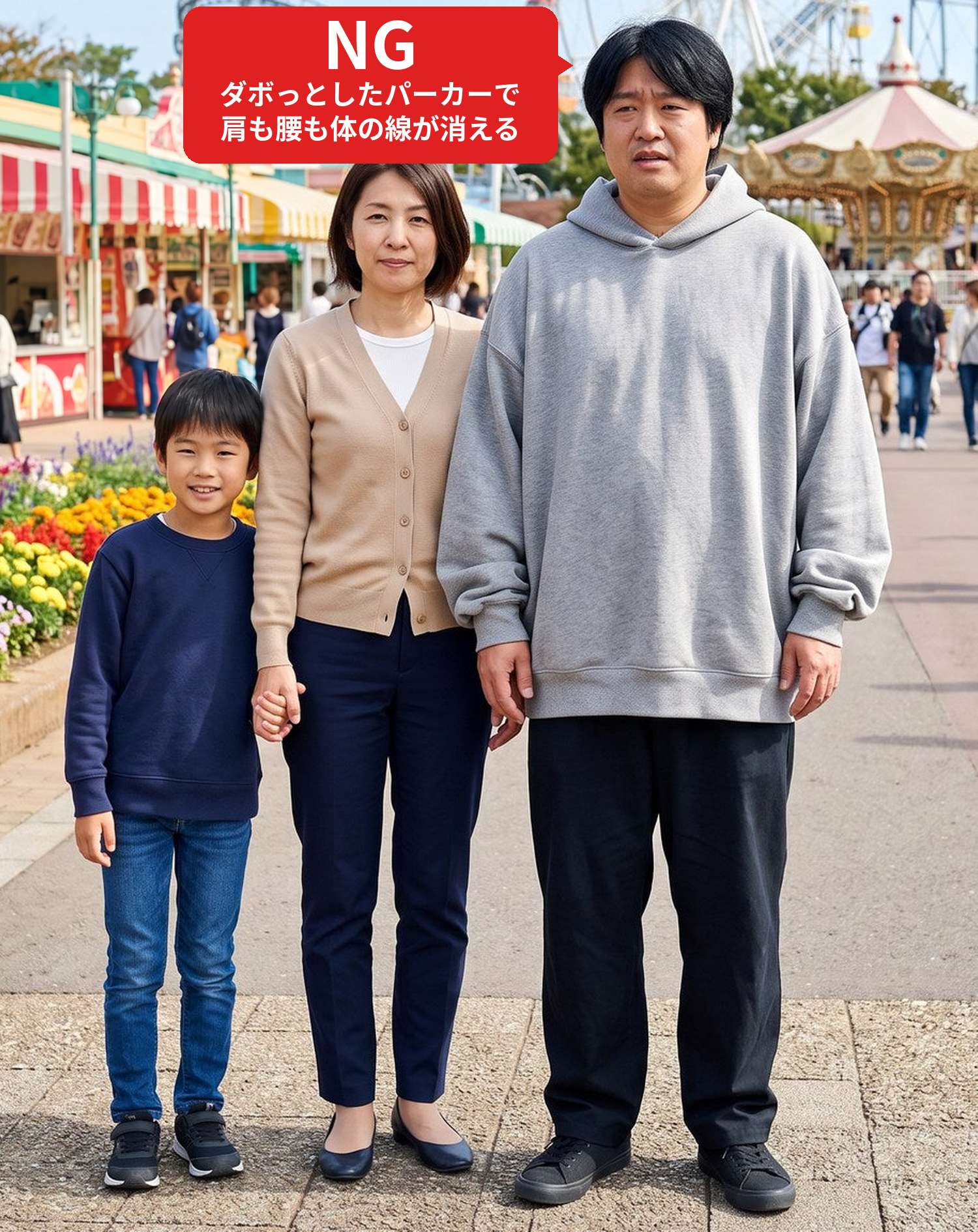 NGコーデ・よくある失敗例　ダボっとしたパーカーで家族と遊園地に行った状態（NGマーク付き）