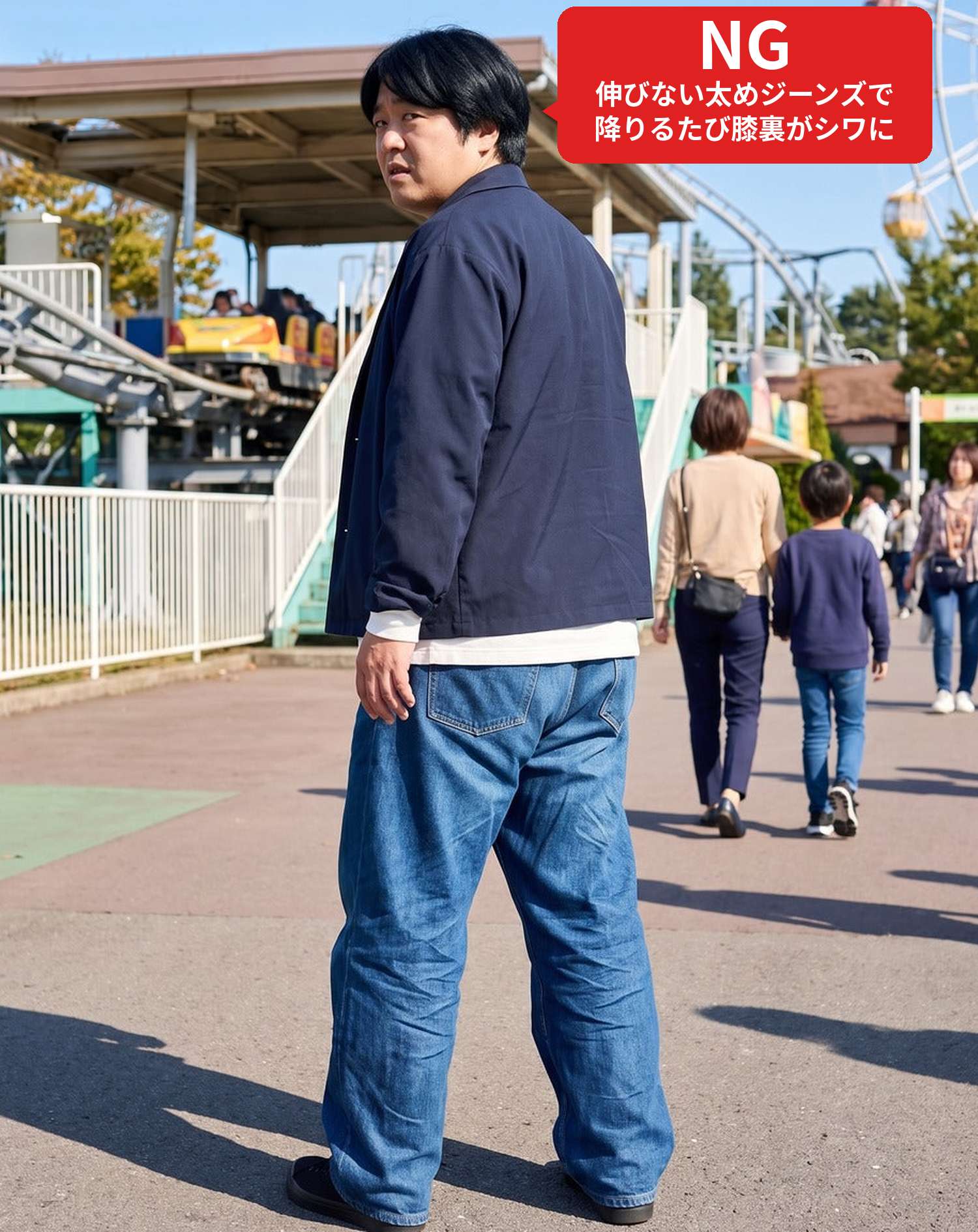NGコーデ・よくある失敗例　太めのストレートジーンズで家族と遊園地に行った状態（NGマーク付き）
