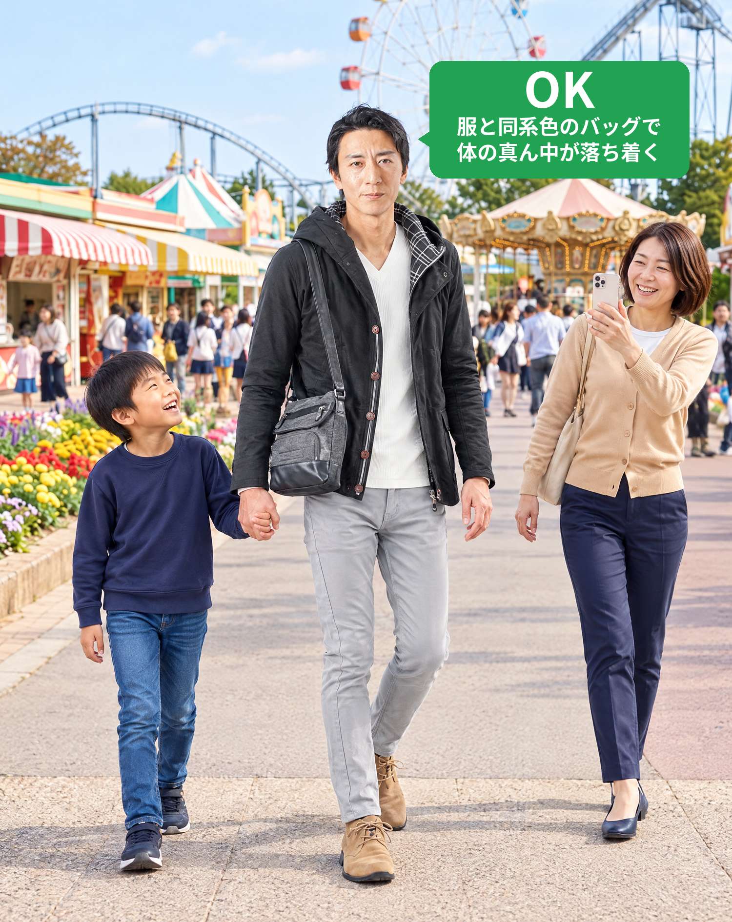 OKコーデ　遊園地で、パパが子供と手をつないで歩き、ママがスマホで撮影するシーン（OKマーク付き）