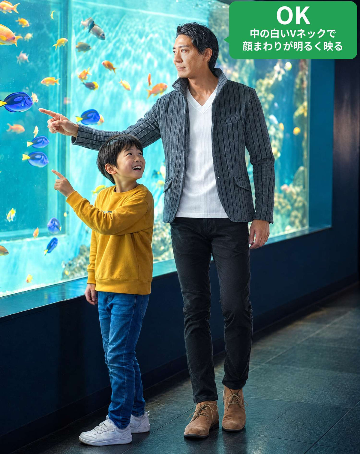 水族館40代50代の服装3点メンズコーデセット  グレースタンドカラージャケット×白VネックＴシャツ×黒スキニーテーパードチノパンツ
