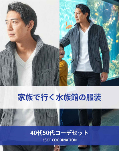 水族館40代50代の服装3点メンズコーデセット  グレースタンドカラージャケット×白VネックＴシャツ×黒スキニーテーパードチノパンツ