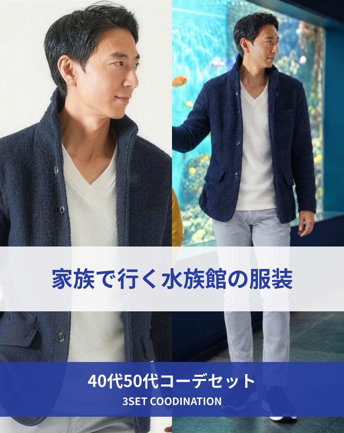 水族館40代50代の服装3点メンズコーデセット  ネイビースタンドカラージャケット×白VネックTシャツ×グレーストレッチスキニーカラーチノパンツ