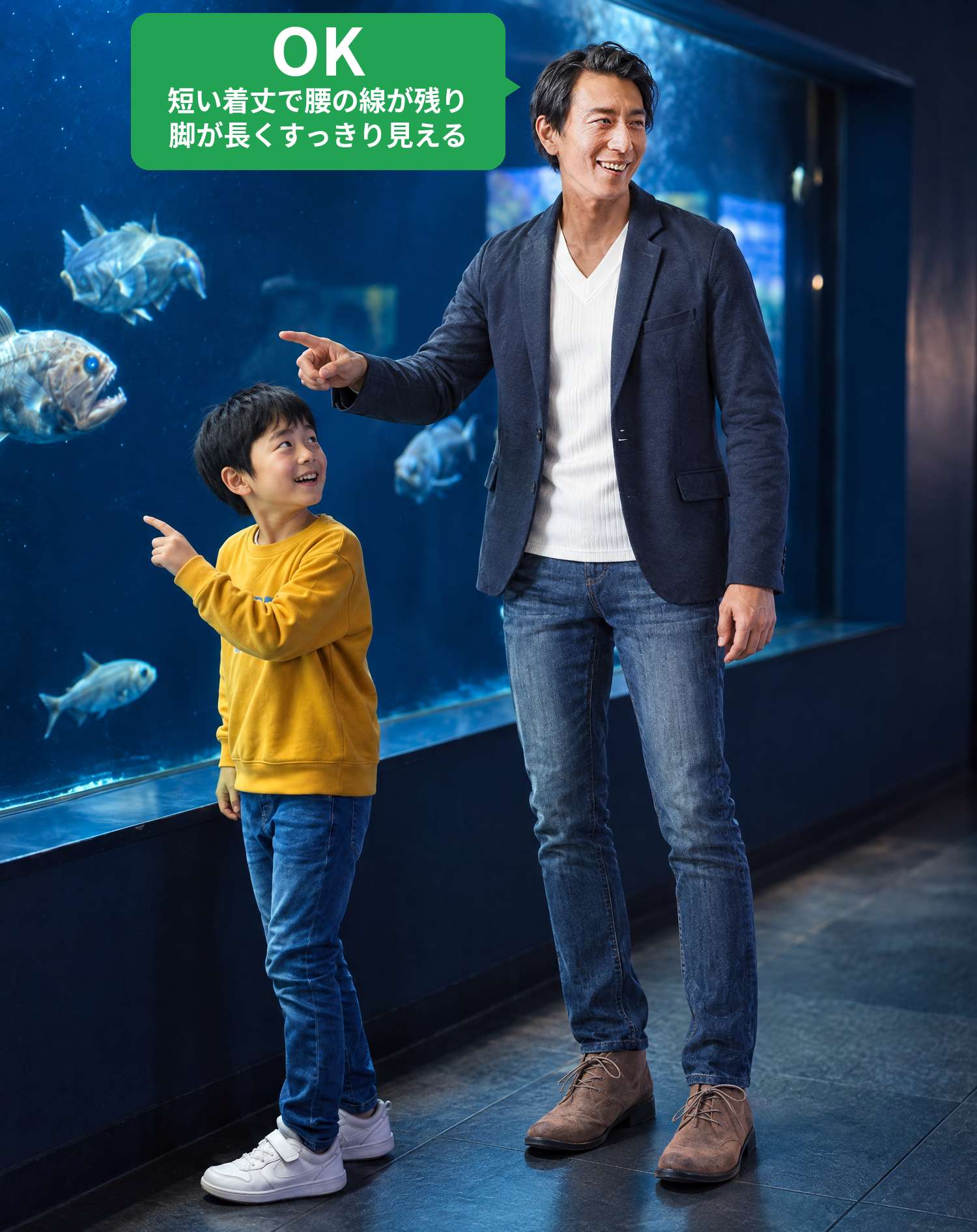 OKコーデ　水族館の深海魚の水槽の前で、パパが魚を指さし子供が笑って見上げるシーン（OKマーク付き）