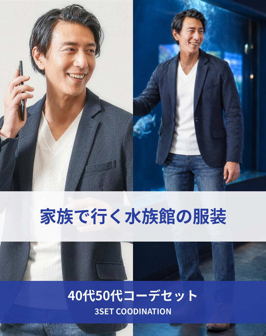 水族館40代50代の服装3点メンズコーデセット  ネイビーテーラードジャケット×白VネックTシャツ×ネイビーデニムパンツ