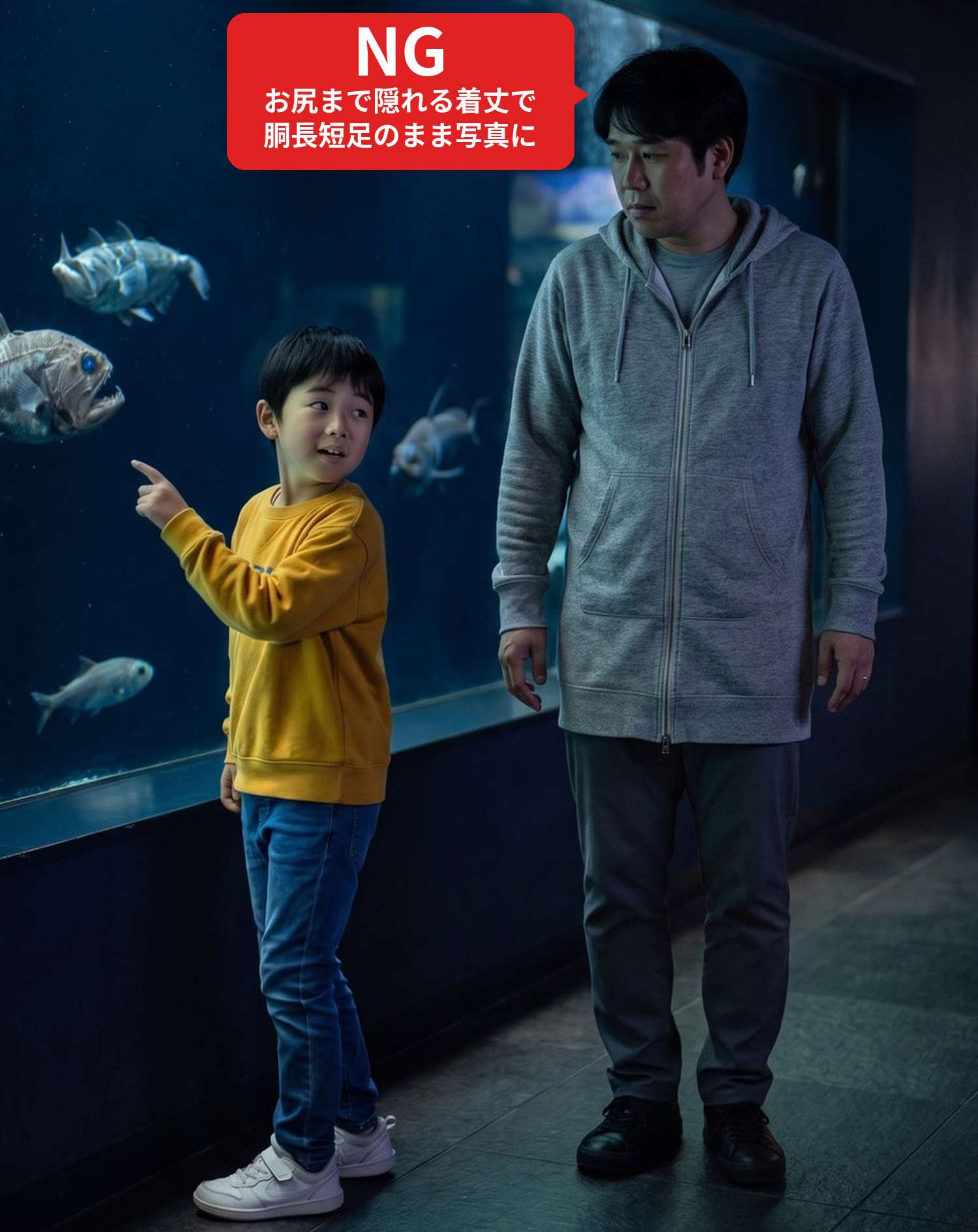 NGコーデ・よくある失敗例　お尻が隠れる着丈のパーカーで家族の水族館に行った状態（NGマーク付き）
