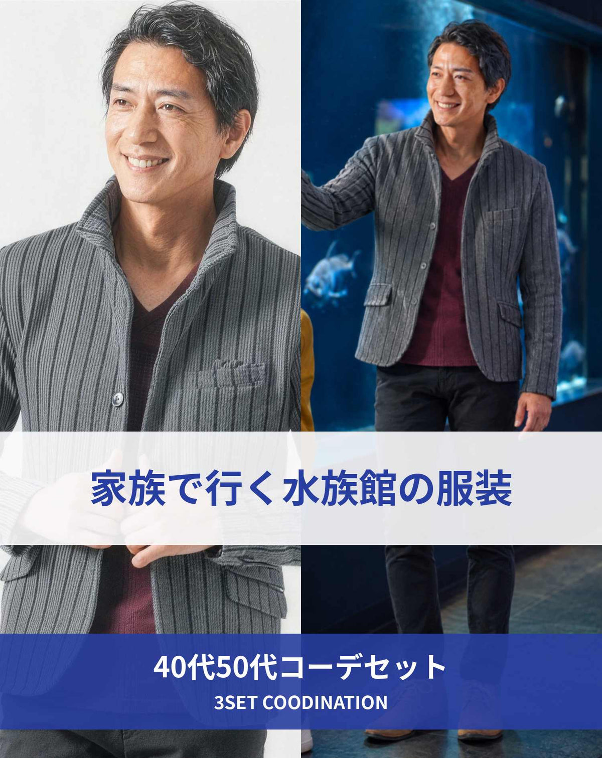 水族館40代50代の服装3点メンズコーデセット  グレースタンドカラージャケット×ワインVネックTシャツ×黒スキニーテーパードチノパンツ
