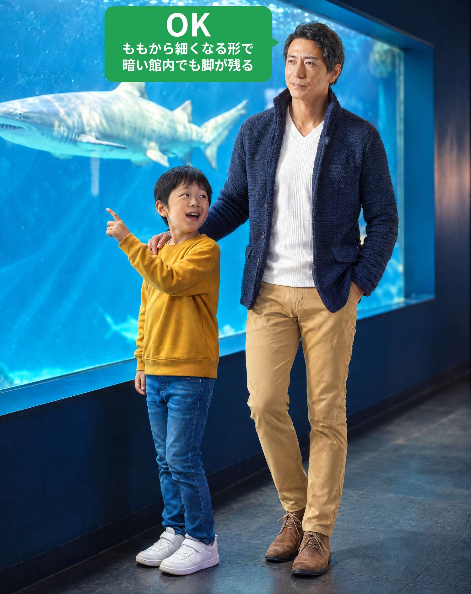 OKコーデ　水族館のサメの水槽の前で、子供がサメを指さし、パパが肩に手を添えて笑顔で見守るシーン（OKマーク付き）