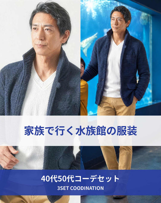 水族館40代50代の服装3点メンズコーデセット  ネイビースタンドカラージャケット×白VネックTシャツ×ベージュスキニーテーパードチノパンツ