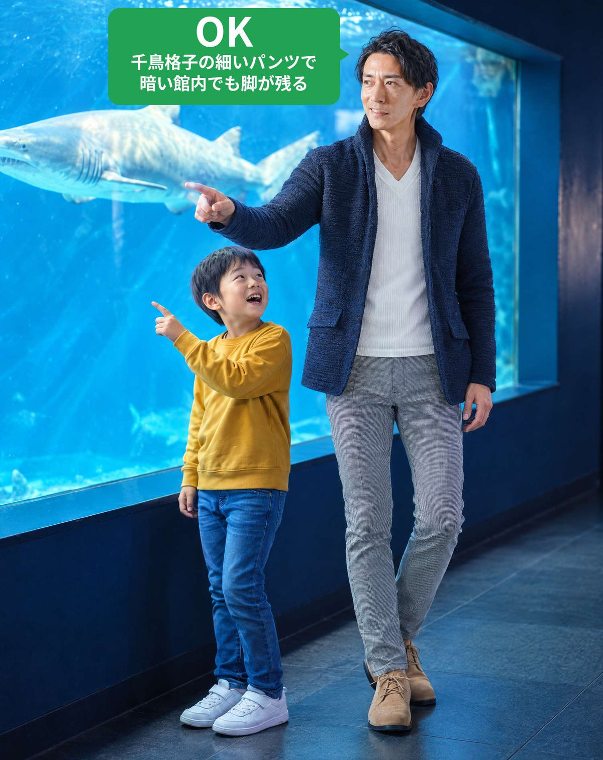 水族館40代50代の服装3点メンズコーデセット  ネイビースタンドカラージャケット×白VネックTシャツ×グレースキニーチノパンツ