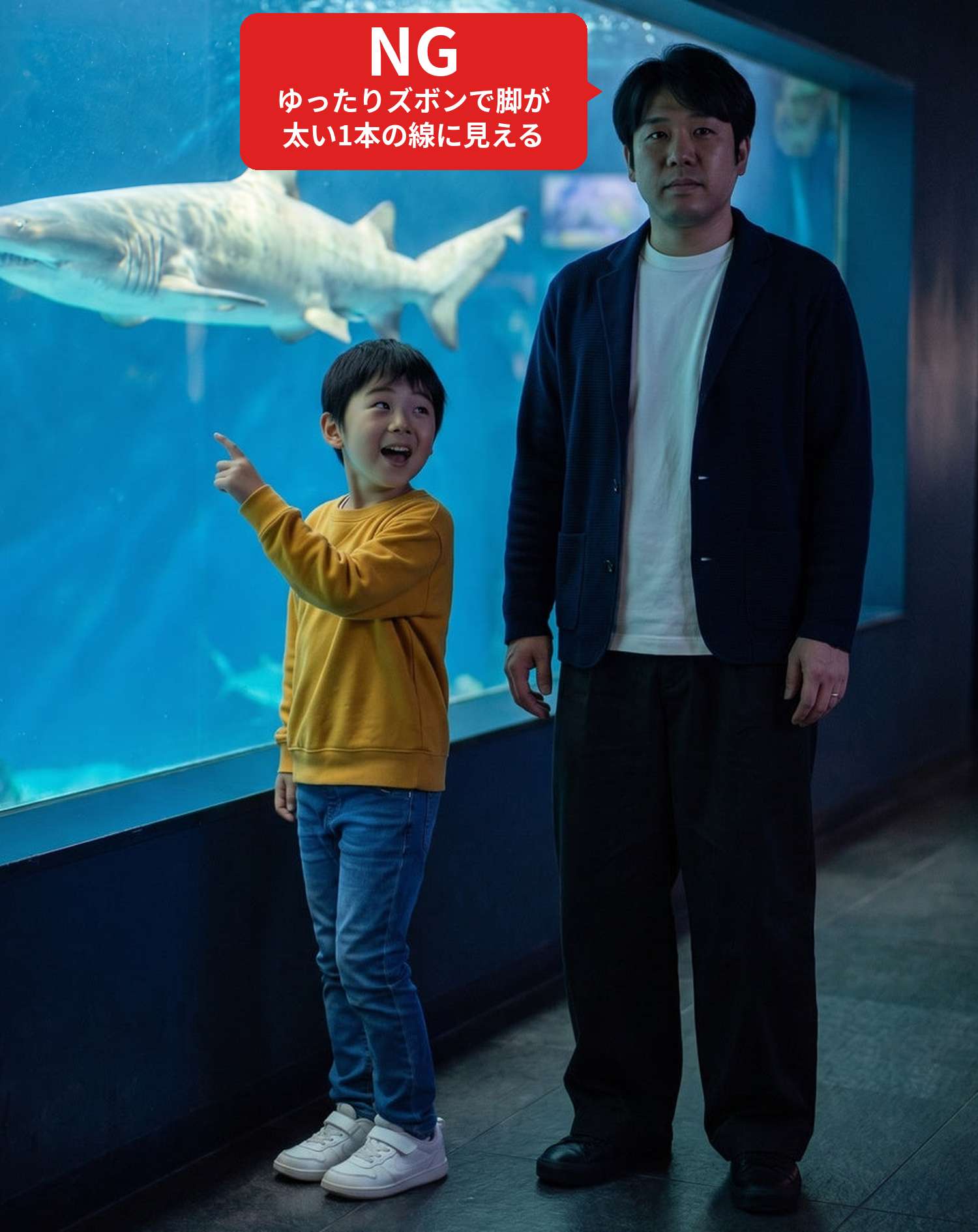 NGコーデ・よくある失敗例　ゆったりした黒いズボンで家族の水族館に行った状態（NGマーク付き）