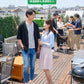 バーベキュー（BBQ）40代50代春～秋の服装3点メンズコーデセット 黒5分袖カーディガン×ストライプ半袖Tシャツ×アンクルデニムパンツ