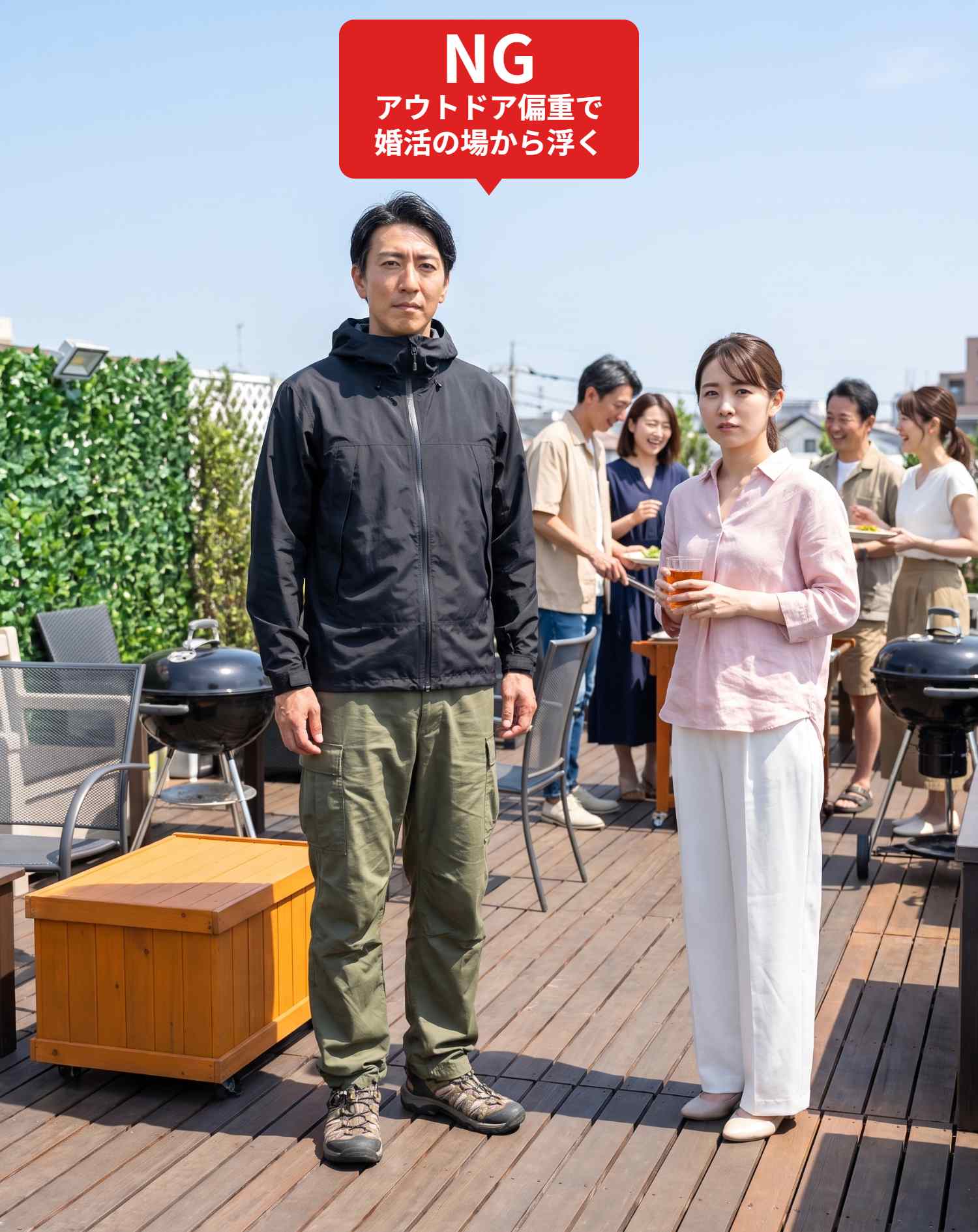 NGコーデ・よくある失敗例１　ガチのアウトドアパーカーで参加（NGマーク付き）