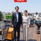 バーベキュー（BBQ）40代50代春～秋の服装3点メンズコーデセット 黒5分袖カーディガン×ストライプ半袖Tシャツ×アンクルデニムパンツ