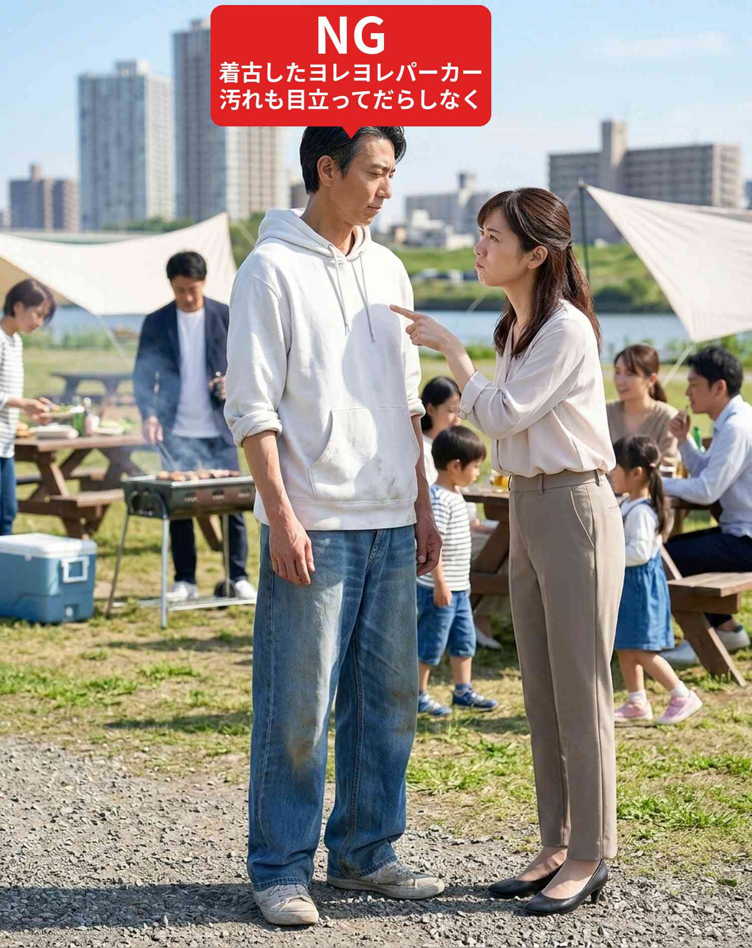 NGコーデ・よくある失敗例２　着古してヨレヨレ・汚れの目立つパーカーで参加（NGマーク付き）