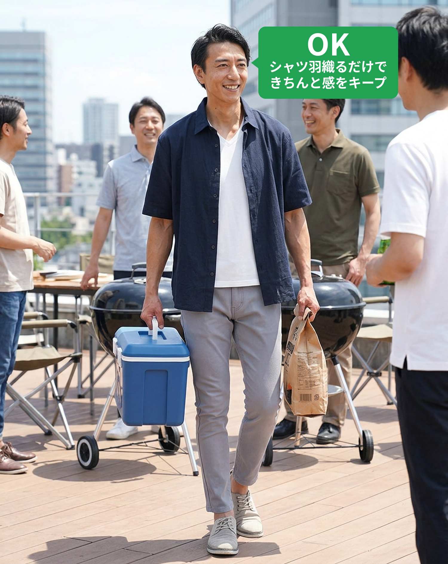 OKコーデ　屋上・屋外BBQスペースにクーラーボックスと炭を運んで到着するシチュエーション（OKマーク付き）