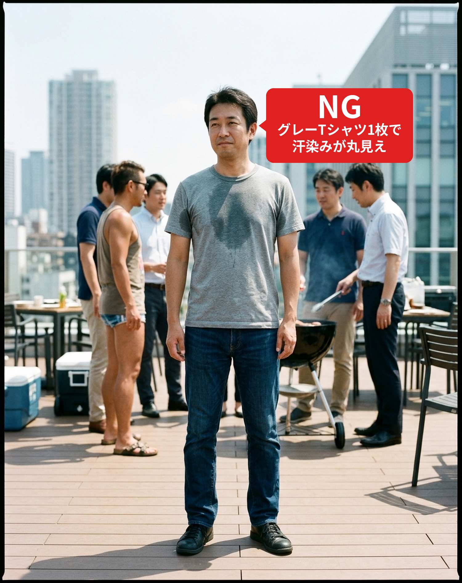 NGコーデ・よくある失敗例１　薄手グレーTシャツ一枚で汗染みが目立つ状態で参加（NGマーク付き）