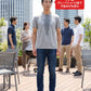 会社のバーベキュー（BBQ）春～秋40代50代の服装3点メンズコーデセット ネイビー半袖シャツ×白Vネック半袖Tシャツ×グレーパンツ