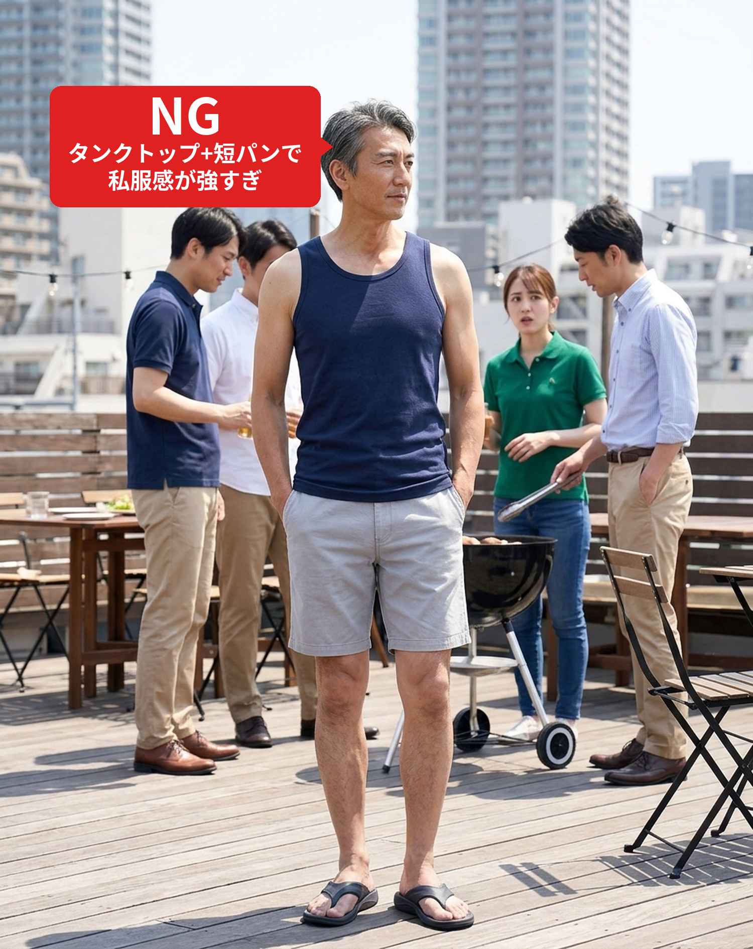会社のバーベキュー（BBQ）春～秋40代50代の服装3点メンズコーデセット ネイビー半袖シャツ×白Vネック半袖Tシャツ×グレーパンツ