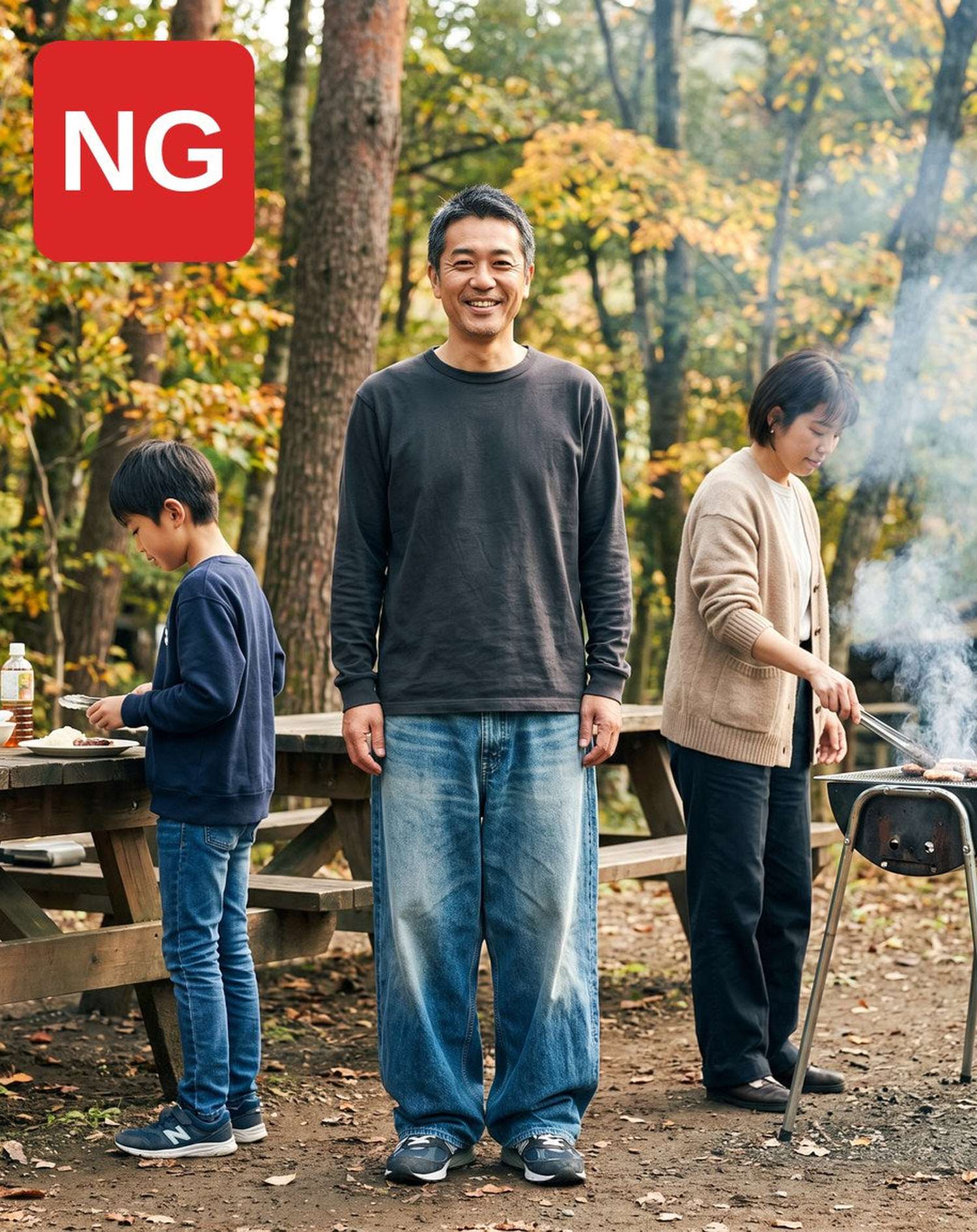 NGコーデ・よくある失敗例　家にあるゆったりしたパンツで家族のバーベキューに行った状態（NGマーク付き）