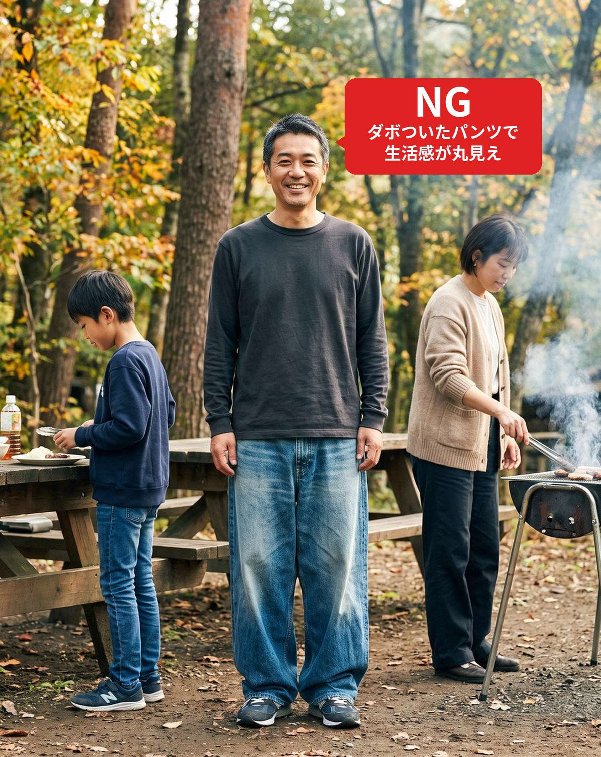 バーベキュー（BBQ）40代50代の服装3点メンズコーデセット グレーパーカー×黒クルーネックTシャツ×カーキスキニーチノパンツ