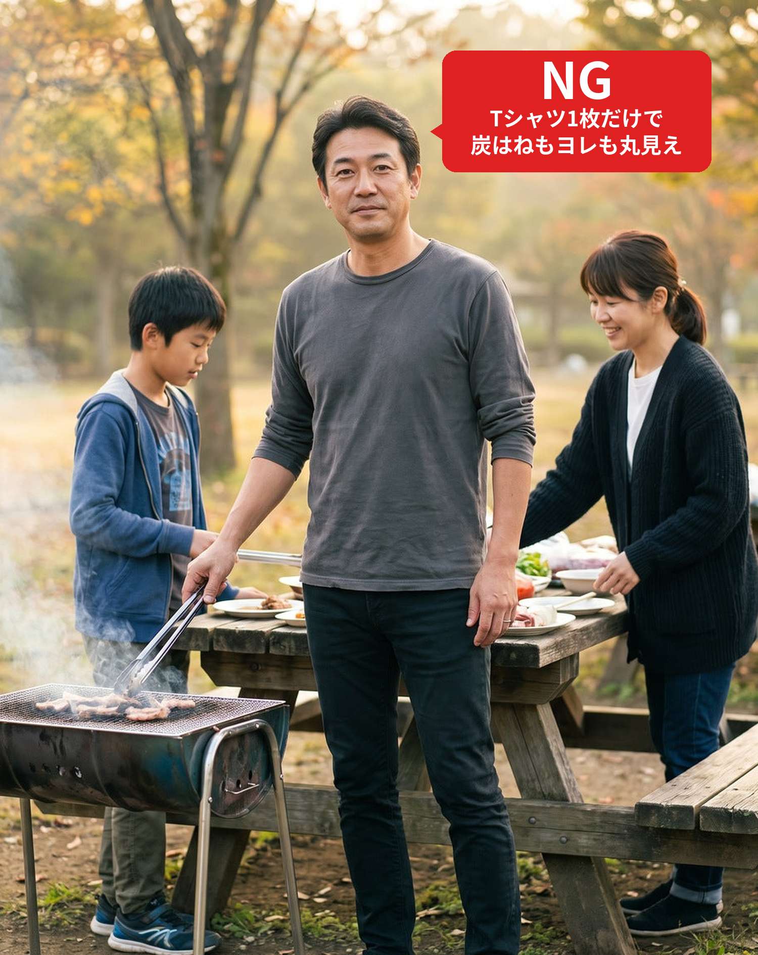 NGコーデ・よくある失敗例　何も羽織らずTシャツ1枚で家族のバーベキューに行った状態（NGマーク付き）