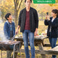 バーベキュー（BBQ）40代50代の服装3点メンズコーデセット 黒カーディガン×ワインVネックTシャツ×ネイビーテーパードデニムパンツ