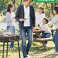 バーベキュー（BBQ）40代50代の服装3点メンズコーデセット  グレーニットカーディガン×白Tシャツ×インディゴデニムパンツ