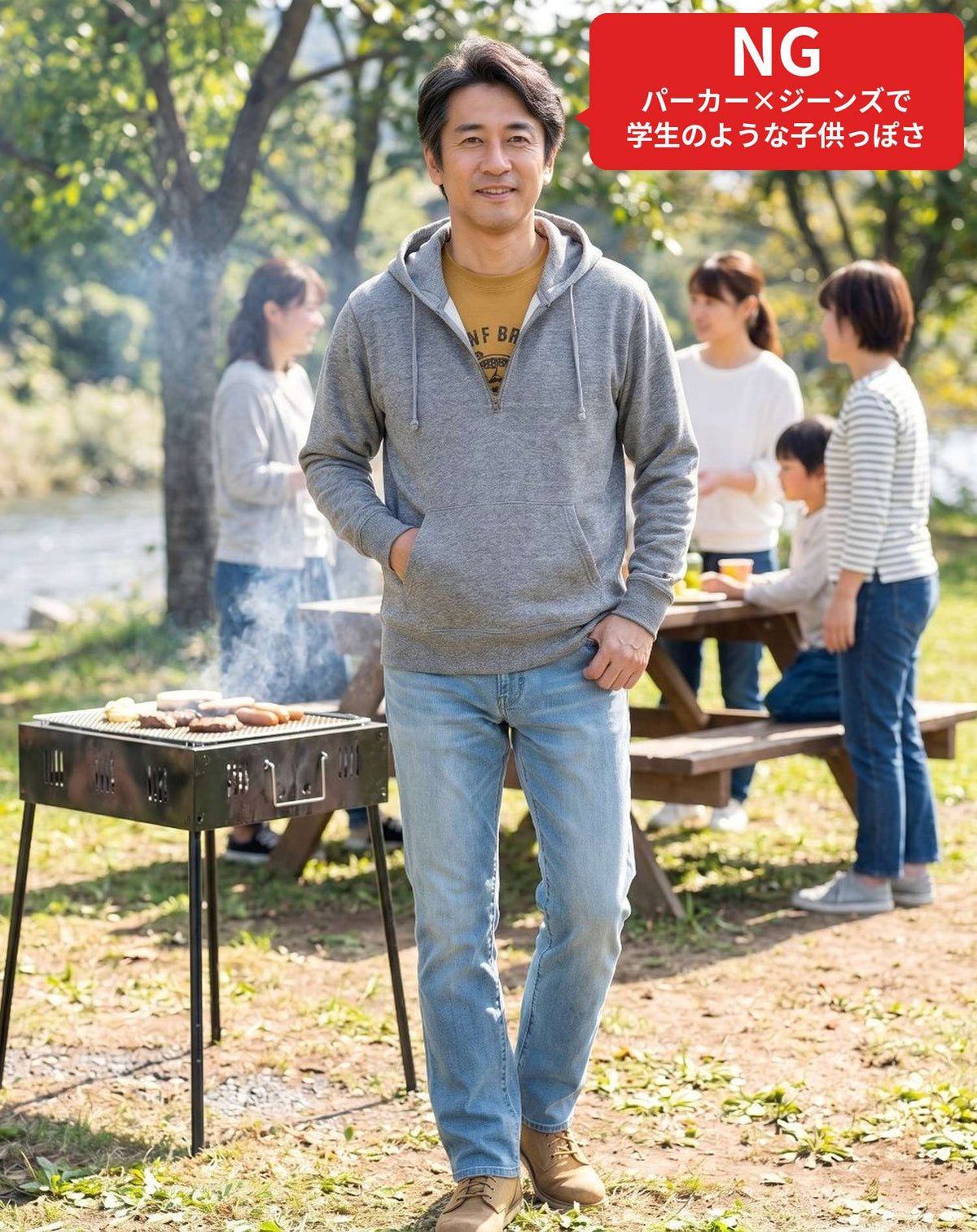 バーベキュー（BBQ）40代50代の服装3点メンズコーデセット  黒フーディガン×白ヘンリーネックTシャツ×ネイビーデニムパンツ