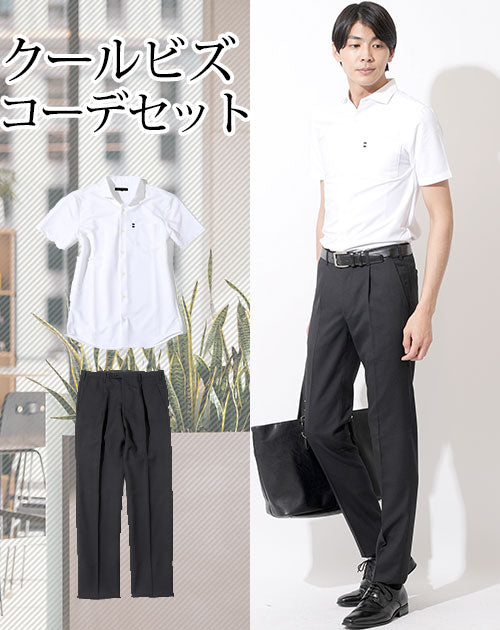 20代メンズクールビズ2点コーデセット 白半袖シャツ型ポロシャツ×黒スラックス biz