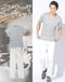 Tシャツカットソー・パンツ2点コーデセット グレー半袖スリムTシャツカットソー×白ストレッチチノパン biz