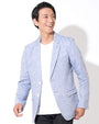 ブルー麻ジャケット×白厚手長袖Tシャツ 50代メンズ2点コーデセット biz