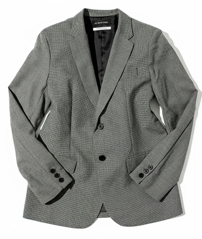 スマートカジュアルデート服3点コーデセット グレー千鳥格子チェックテーラードジャケット×ピンク形態安定長袖ワイシャツ×ネイビーウィンドウペンチェックパンツ biz