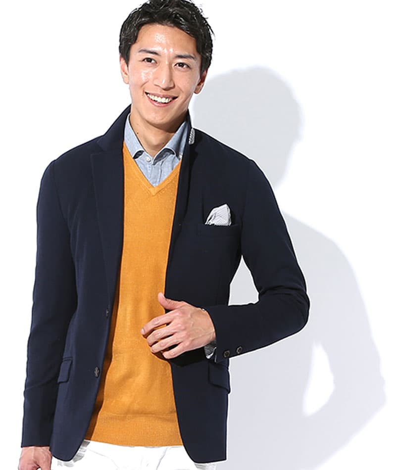 カジュアルデート服3点コーデセット ネイビーストレッチテーラードジャケット×白バンドカラー長袖シャツ×グレースリムストレッチチノパン biz